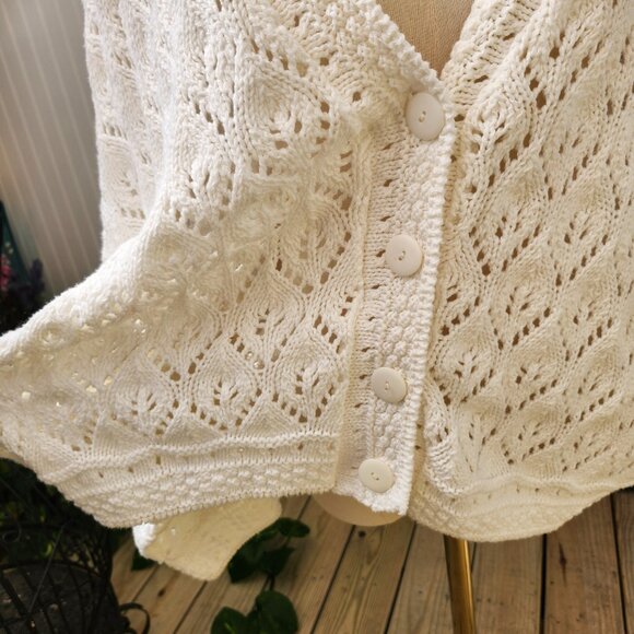 Vintage 80's - 90's White Cotton Oversized Dolman Sleeve Cardigan Sweater - Picture 9 of 15